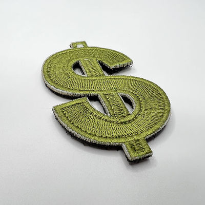 Kundenspezifisches Dollar-Stickerei-Flecken-Eisen auf freundlichen Flecken Merrow-Grenze-Eco